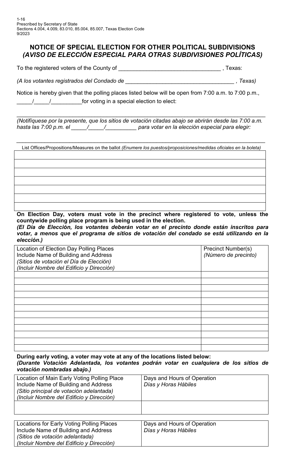 Form 1-16 Notice of Special Election (Cities, Schools, and Other Political Subdivisions) - Texas (English / Spanish), Page 1