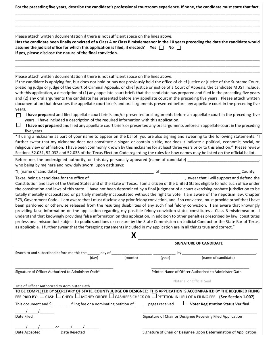 Form 2-24 Declaration of Judicial Write-In Candidacy for General Election for State and County Officers - Texas (English / Spanish), Page 2