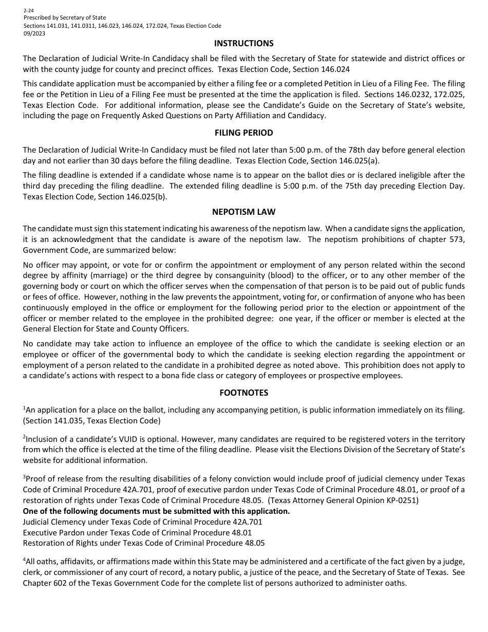 Form 2-24 Declaration of Judicial Write-In Candidacy for General Election for State and County Officers - Texas (English / Spanish), Page 3
