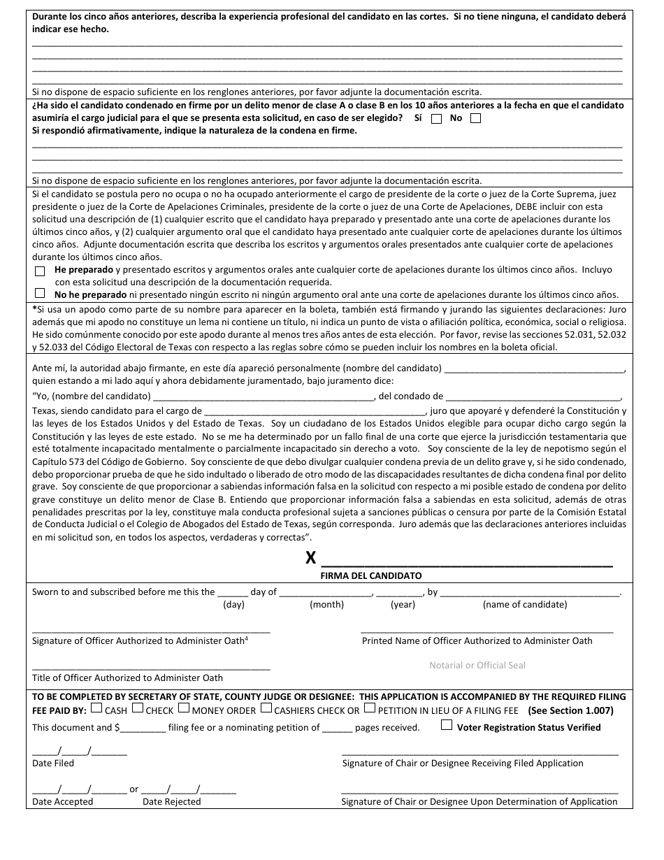 Form 2-24 Declaration of Judicial Write-In Candidacy for General Election for State and County Officers - Texas (English / Spanish), Page 6