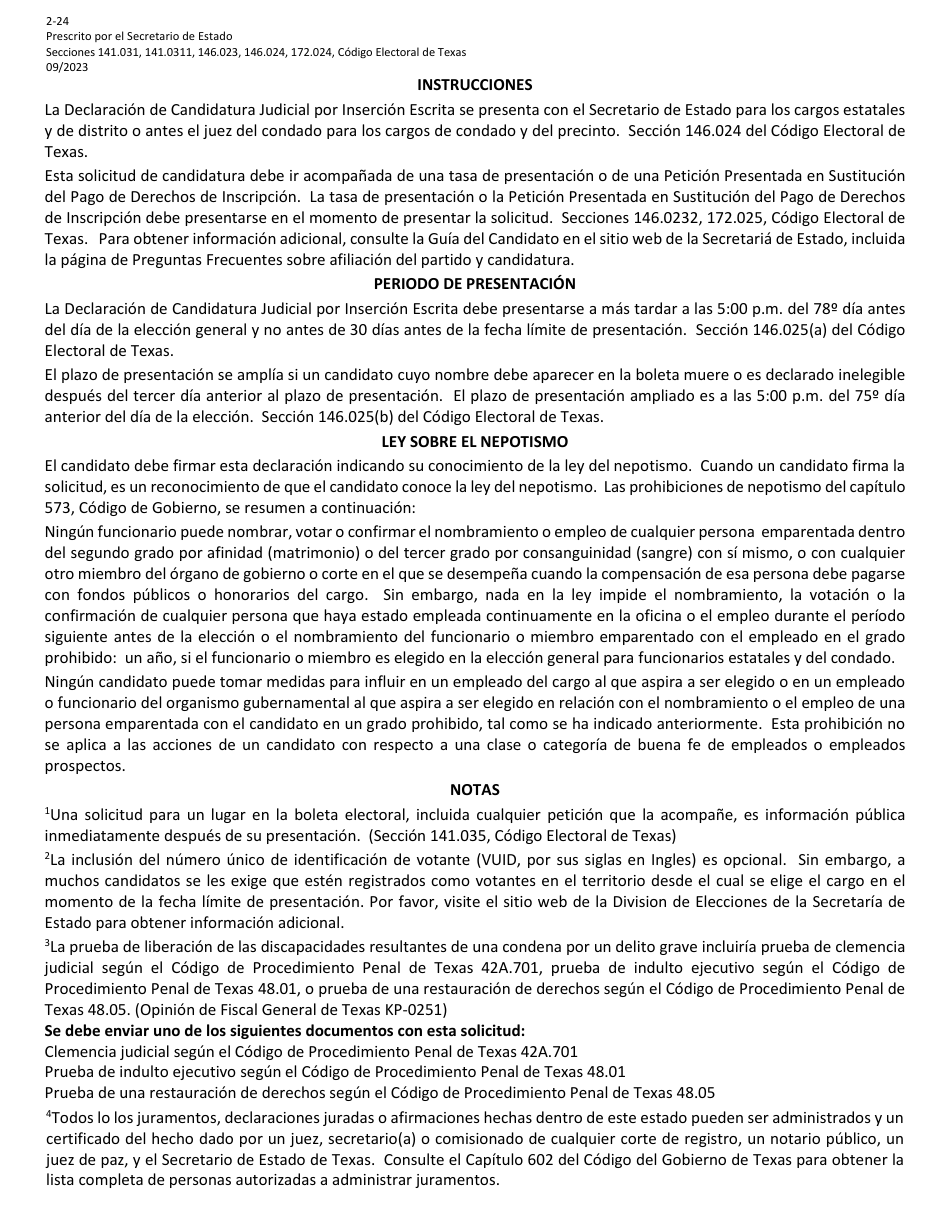 Form 2-24 Declaration of Judicial Write-In Candidacy for General Election for State and County Officers - Texas (English / Spanish), Page 7