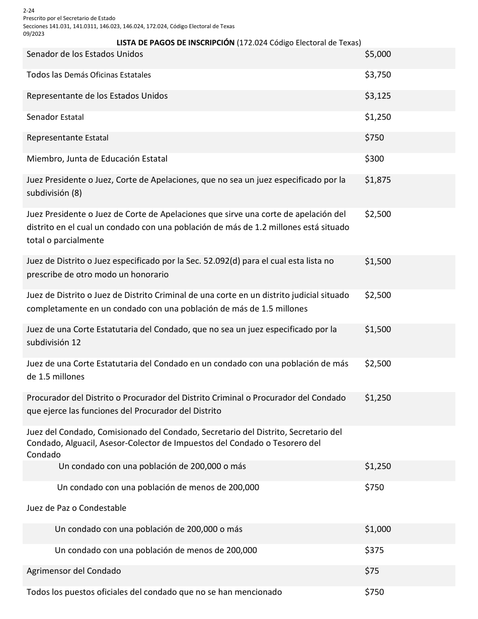 Form 2-24 Declaration of Judicial Write-In Candidacy for General Election for State and County Officers - Texas (English / Spanish), Page 8