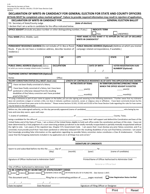 Form 2-23 Declaration of Write-In Candidacy for General Election for State and County Officers - Texas