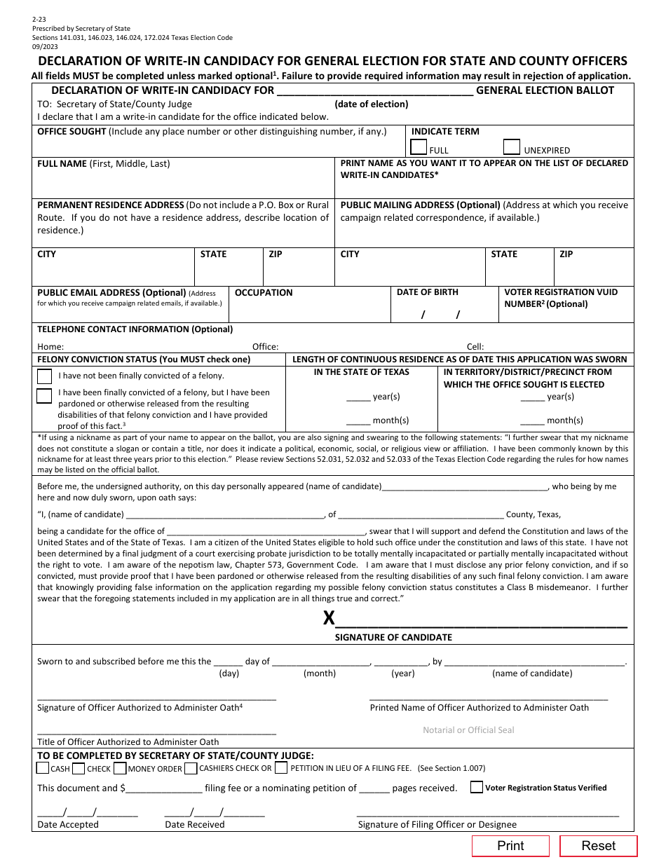 Form 2-23 Declaration of Write-In Candidacy for General Election for State and County Officers - Texas, Page 1