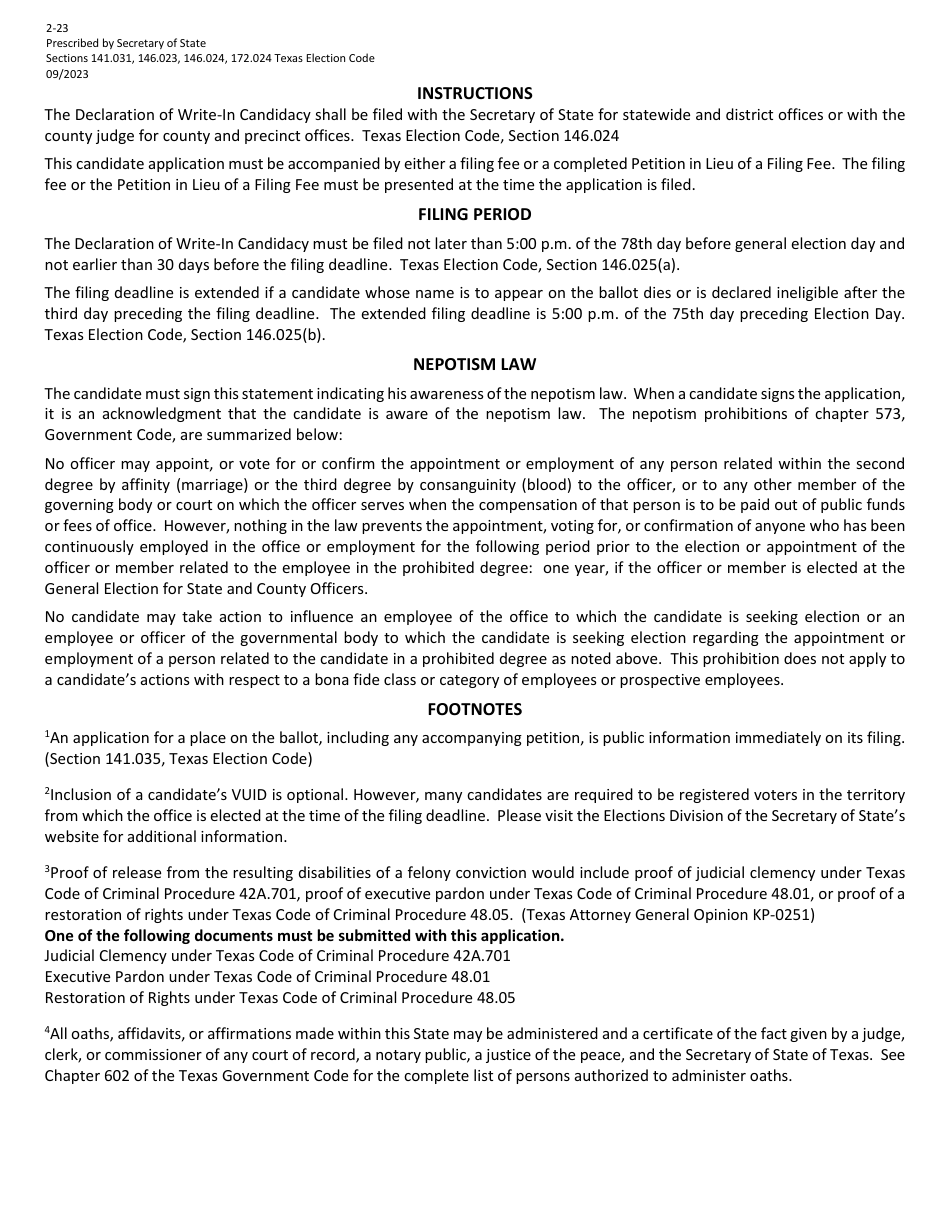 Form 2-23 Declaration of Write-In Candidacy for General Election for State and County Officers - Texas, Page 2