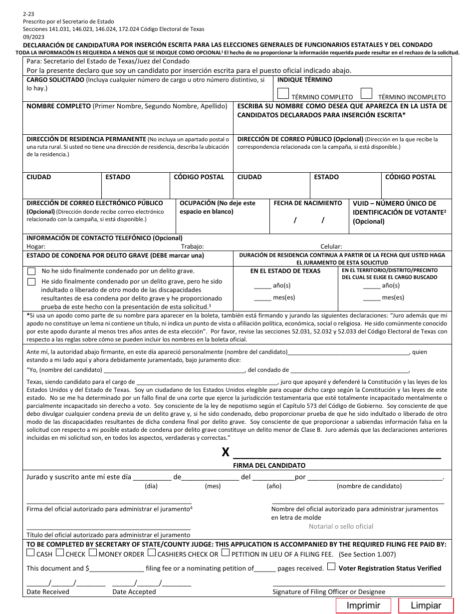 Form 2-23 Declaration of Write-In Candidacy for General Election for State and County Officers - Texas, Page 4