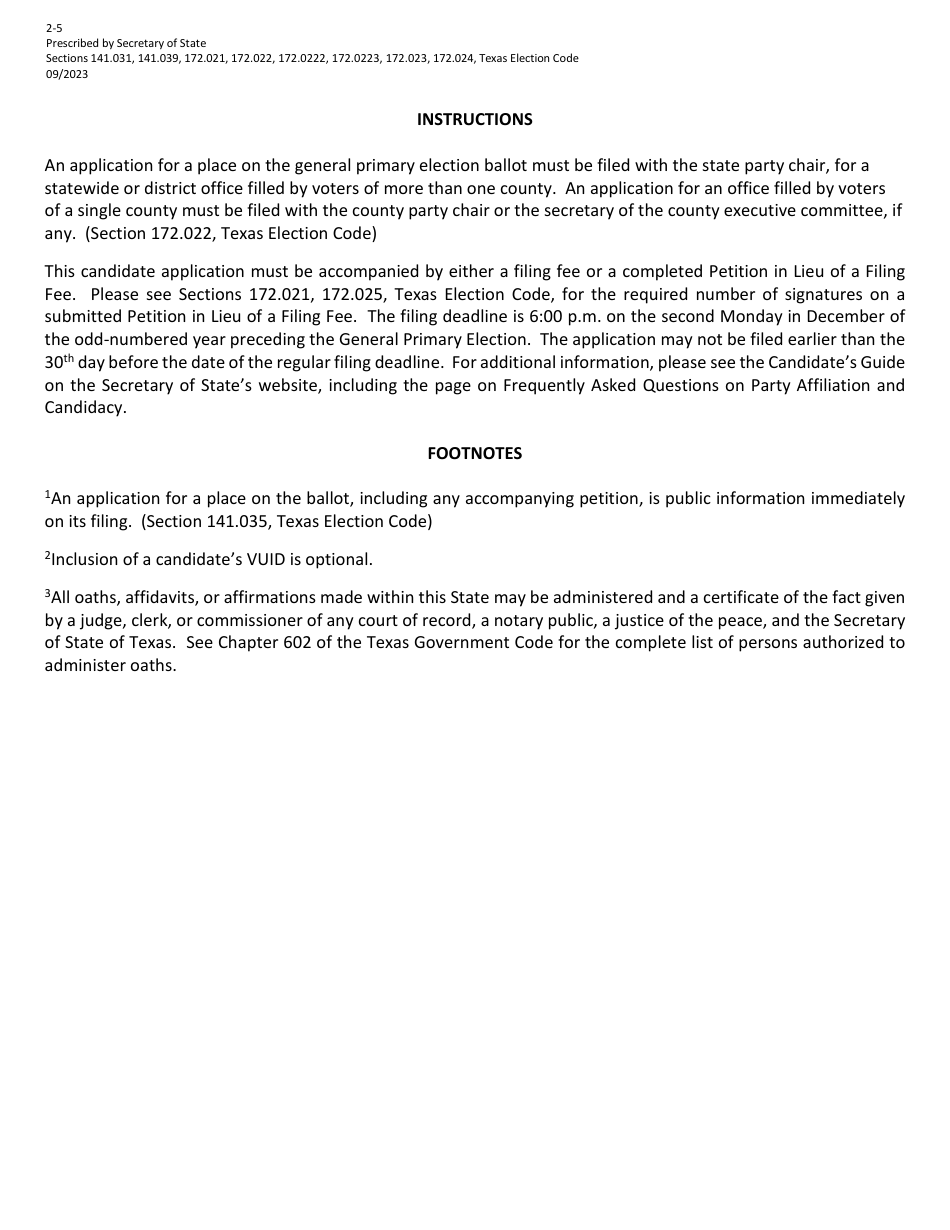 Form 2-5 Application for Place on Primary Ballot for a Federal Office - Texas (English / Spanish), Page 2