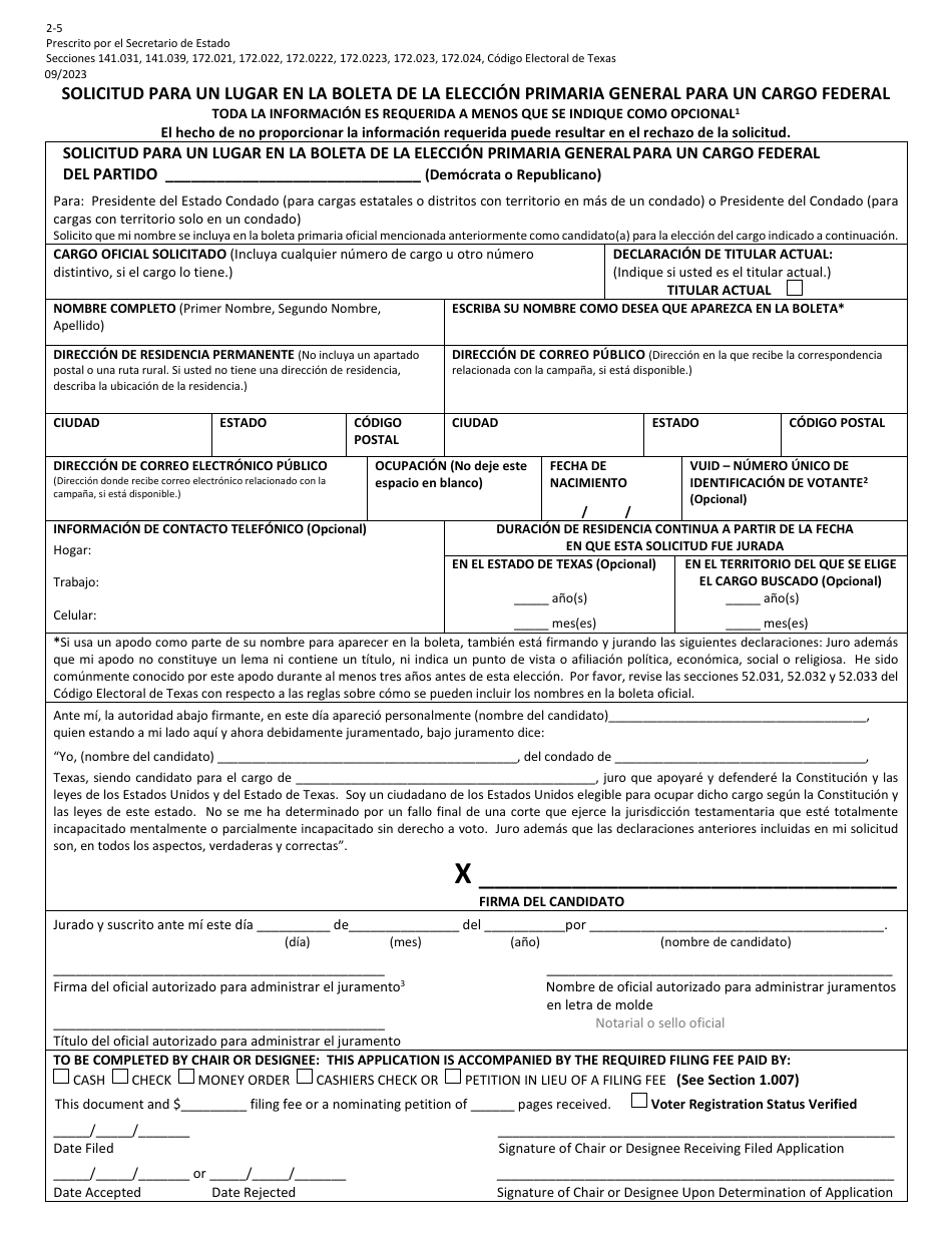 Form 2-5 Application for Place on Primary Ballot for a Federal Office - Texas (English / Spanish), Page 4