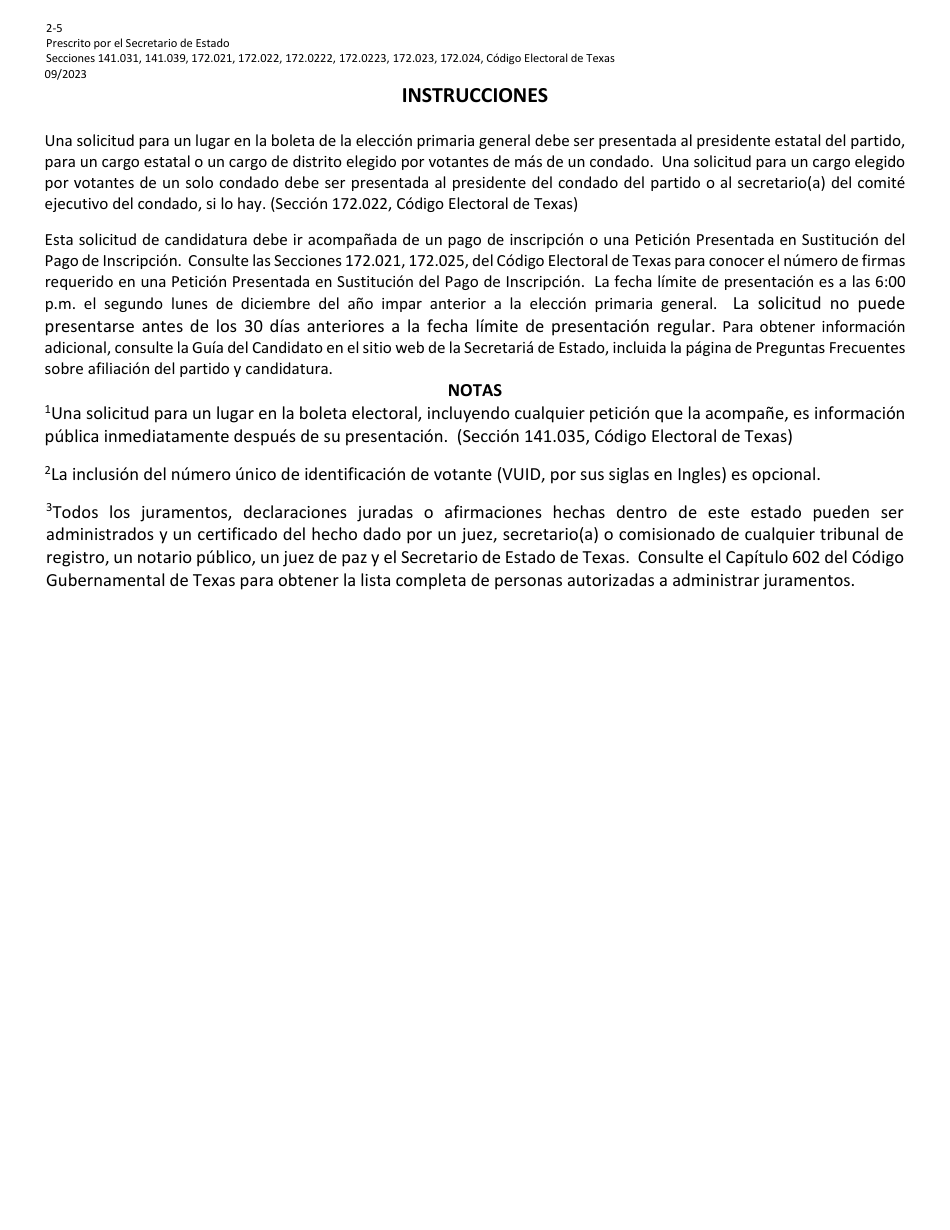 Form 2-5 Application for Place on Primary Ballot for a Federal Office - Texas (English / Spanish), Page 5