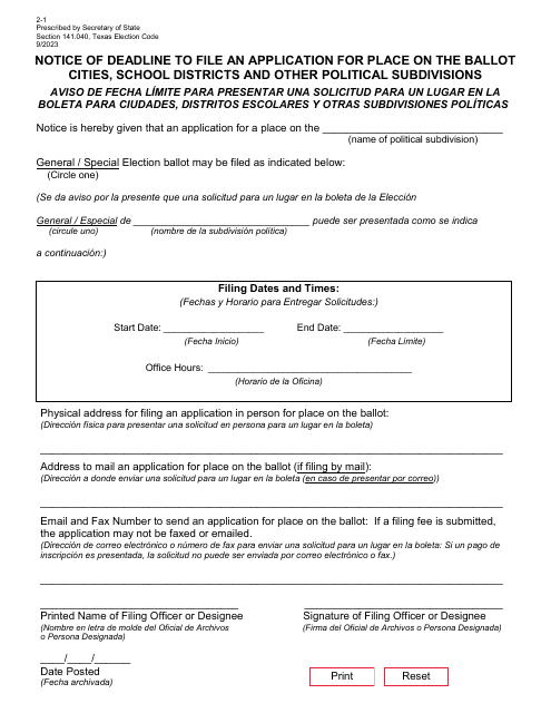 Form 2-1 Notice of Deadline to File Application for Place on the Ballot - Texas