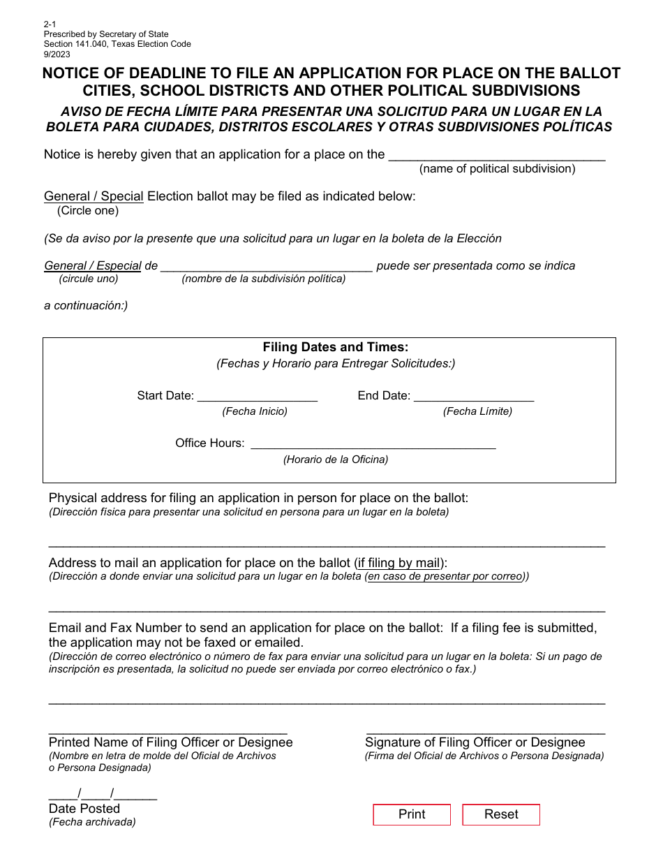 Form 2-1 Notice of Deadline to File Application for Place on the Ballot - Texas, Page 1