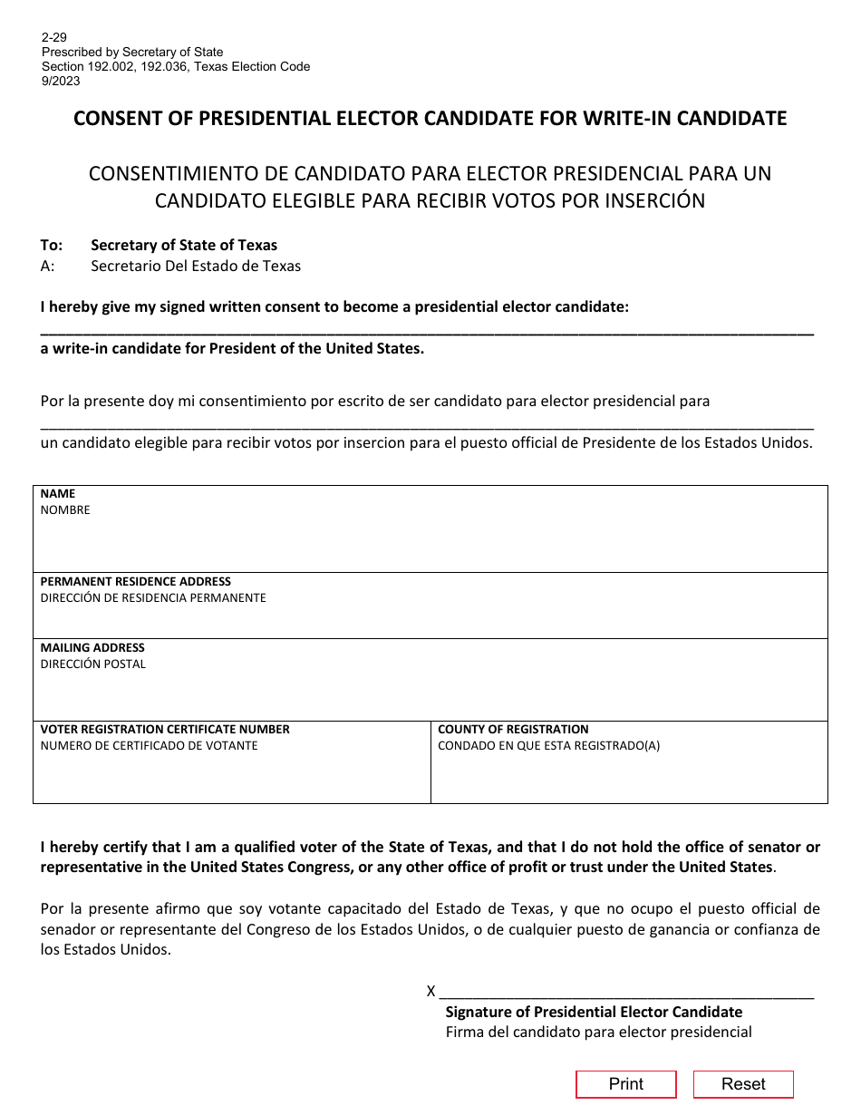 Form 2-29 Consent of Presidential Elector Candidate for Write-In Candidate - Texas (English / Spanish), Page 1