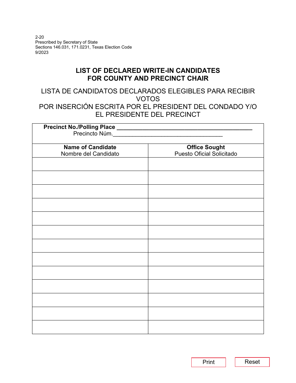 Form 2-20 List of Declared Write-In Candidates for County and / or Precinct Chair - Texas (English / Spanish), Page 1