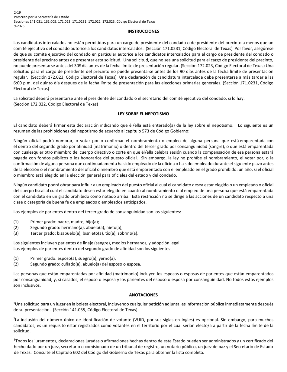 Formulario 2-19 Declaracion De Candidatura Intercalada Para Un Cargo De Presidente Del Condado Y Precinto Electoral En La Eleccion Primaria General - Texas (Spanish), Page 2