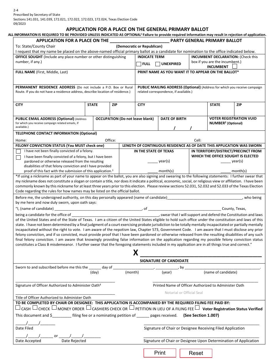Form 2-4 Application for Place on the General Primary Ballot - Texas (English / Spanish), Page 1