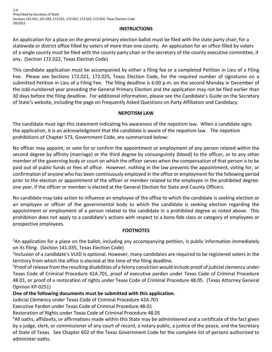 Form 2-4 Application for Place on the General Primary Ballot - Texas (English / Spanish), Page 2