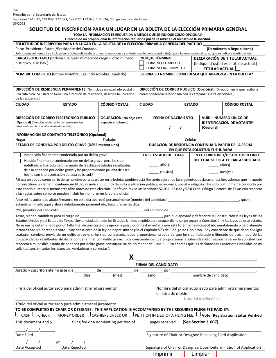 Form 2-4 Application for Place on the General Primary Ballot - Texas (English / Spanish), Page 4
