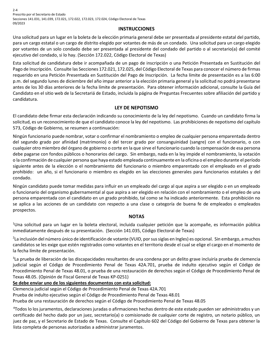 Form 2-4 Application for Place on the General Primary Ballot - Texas (English / Spanish), Page 5