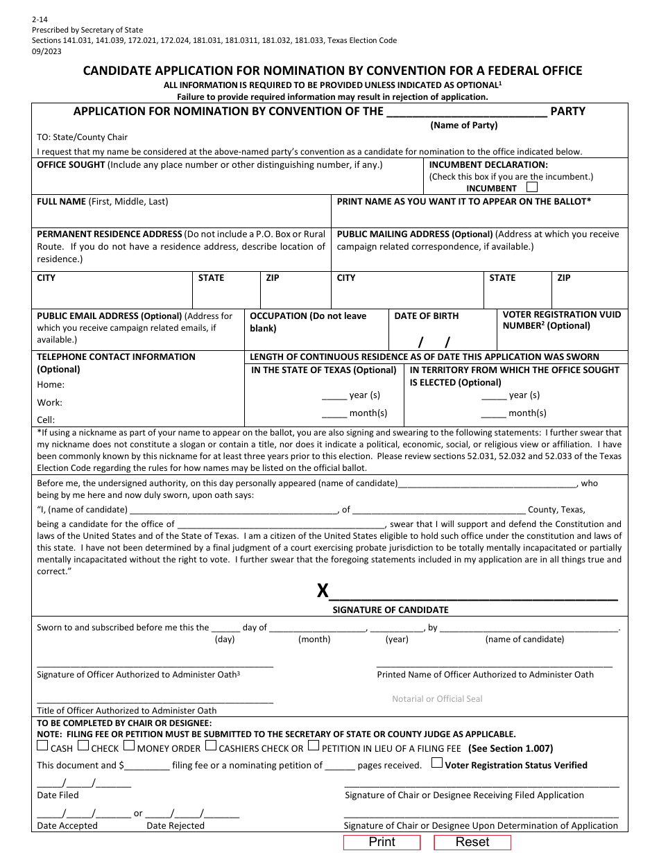 Form 2-14 Application for Nomination by Convention for Federal Office - Texas (English / Spanish), Page 1