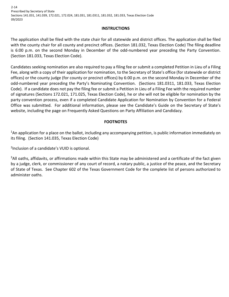 Form 2-14 Application for Nomination by Convention for Federal Office - Texas (English / Spanish), Page 2