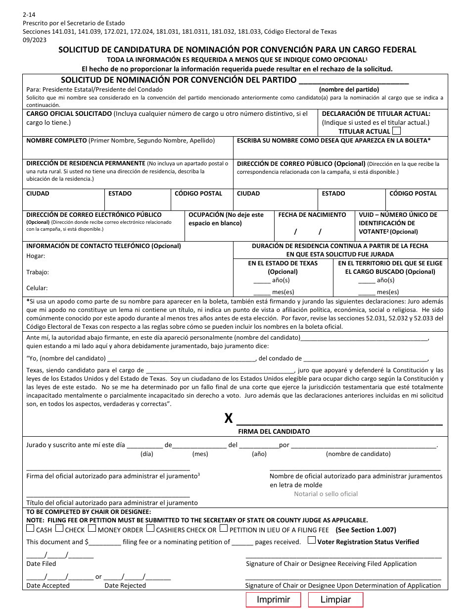 Form 2-14 Application for Nomination by Convention for Federal Office - Texas (English / Spanish), Page 4