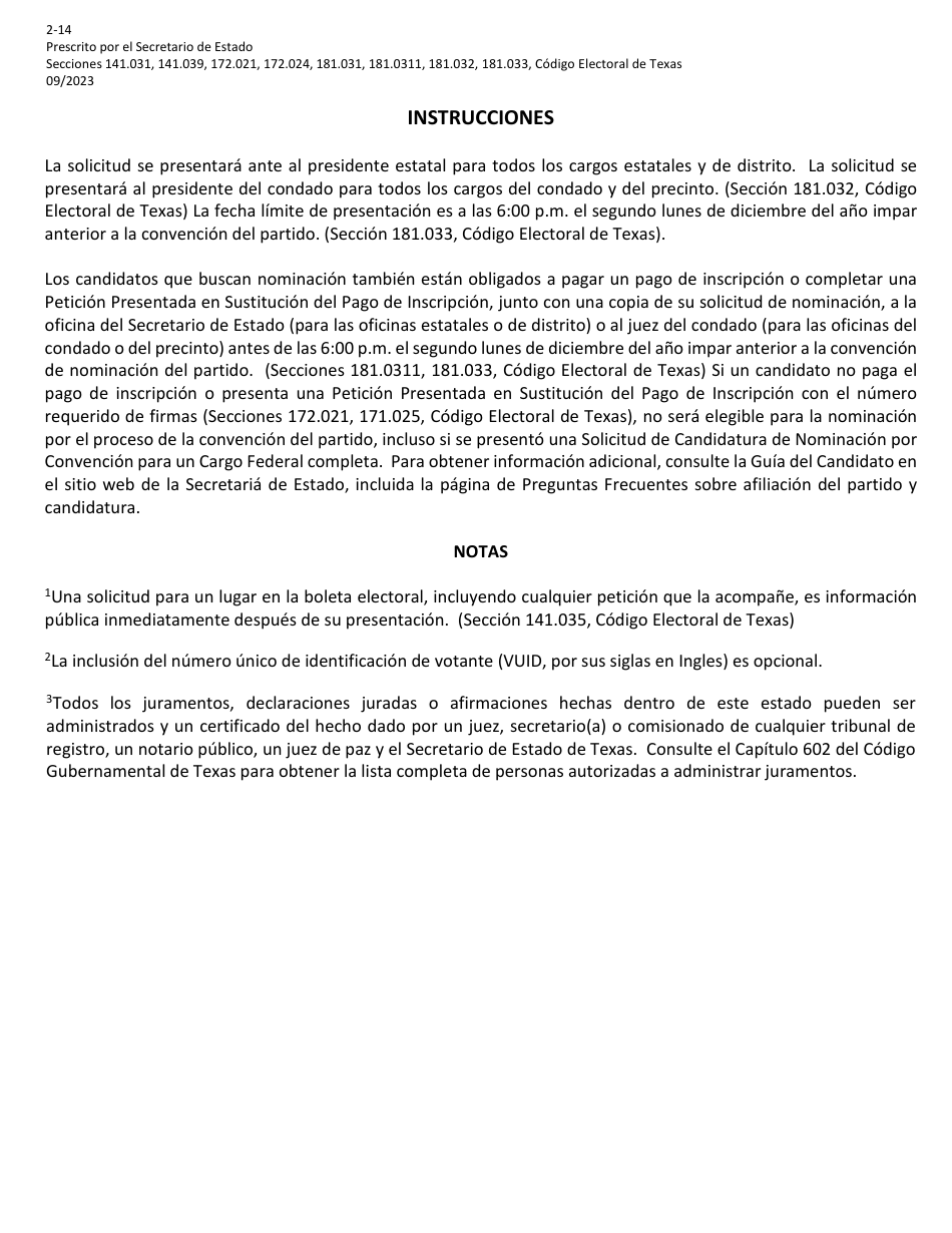 Form 2-14 Application for Nomination by Convention for Federal Office - Texas (English / Spanish), Page 5