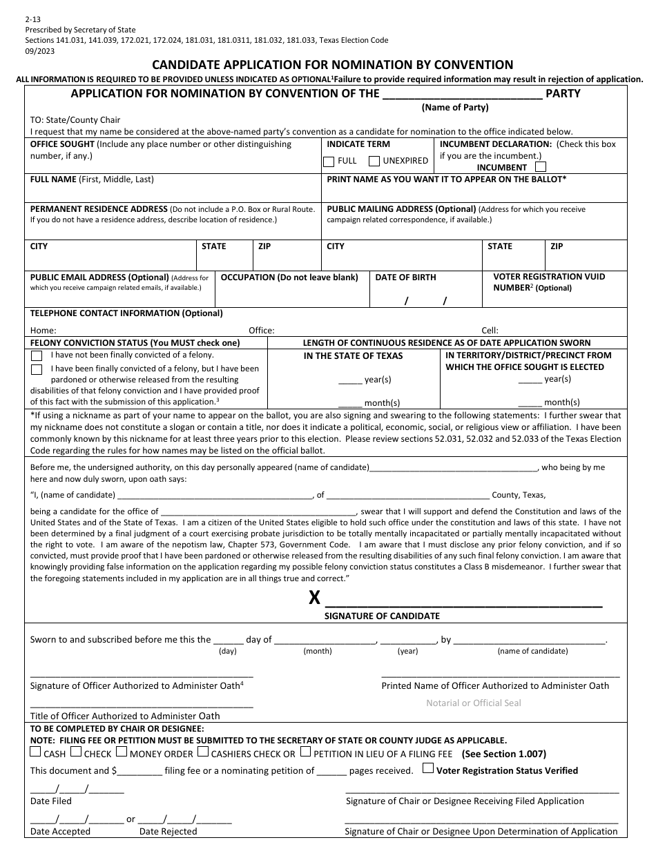 Form 2-13 Application for Nomination by Convention - Texas (English / Spanish), Page 1