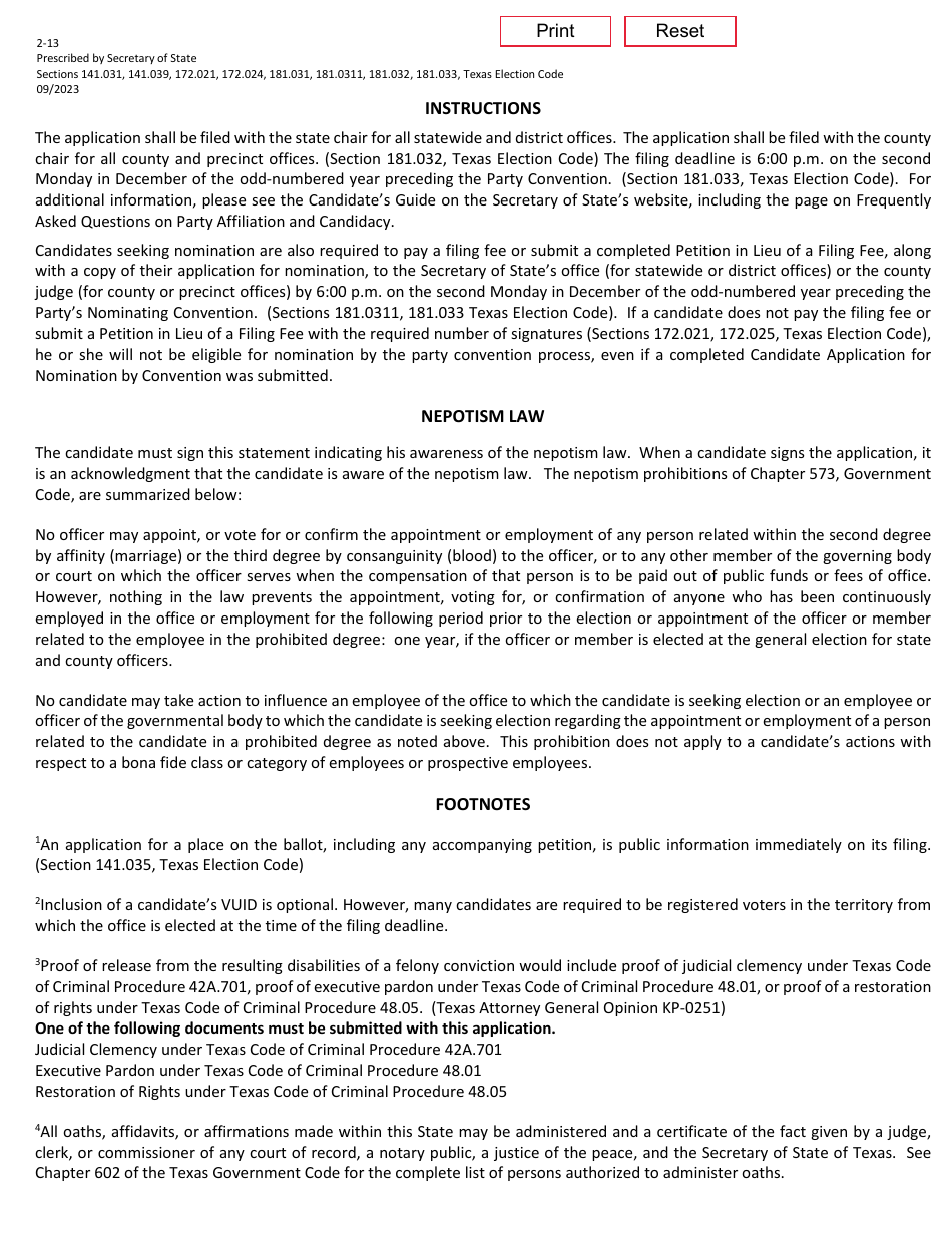 Form 2-13 Application for Nomination by Convention - Texas (English / Spanish), Page 2
