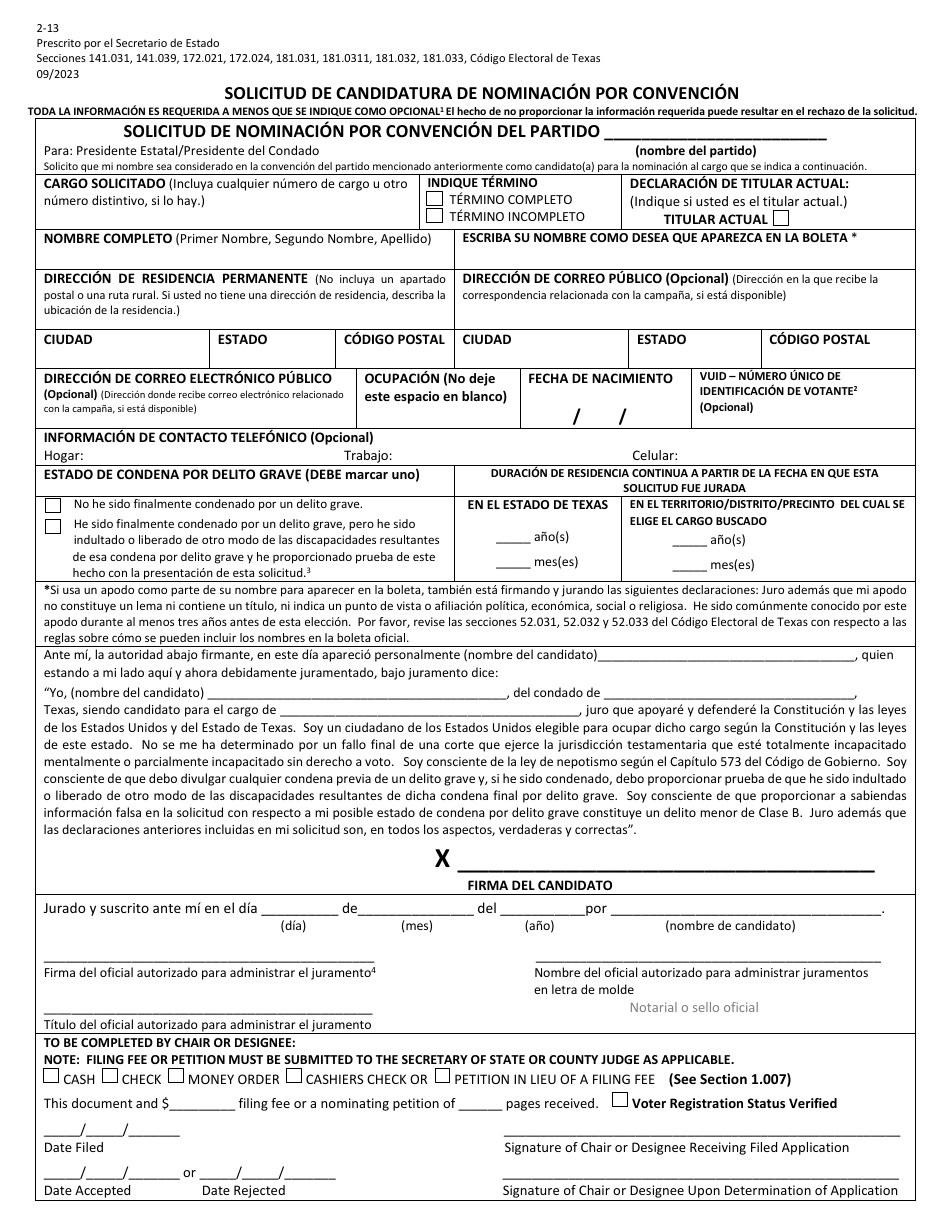 Form 2-13 Application for Nomination by Convention - Texas (English / Spanish), Page 4