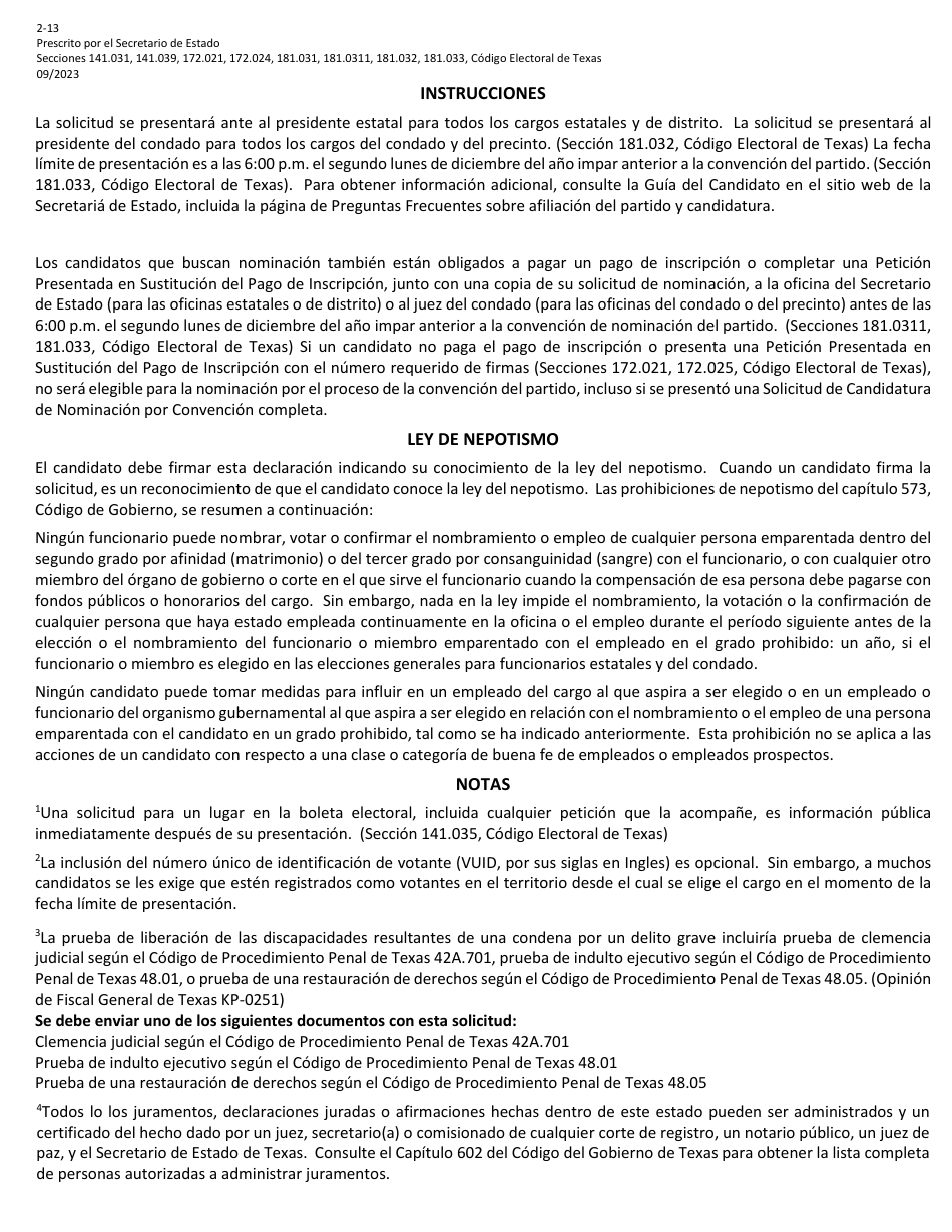 Form 2-13 Application for Nomination by Convention - Texas (English / Spanish), Page 5