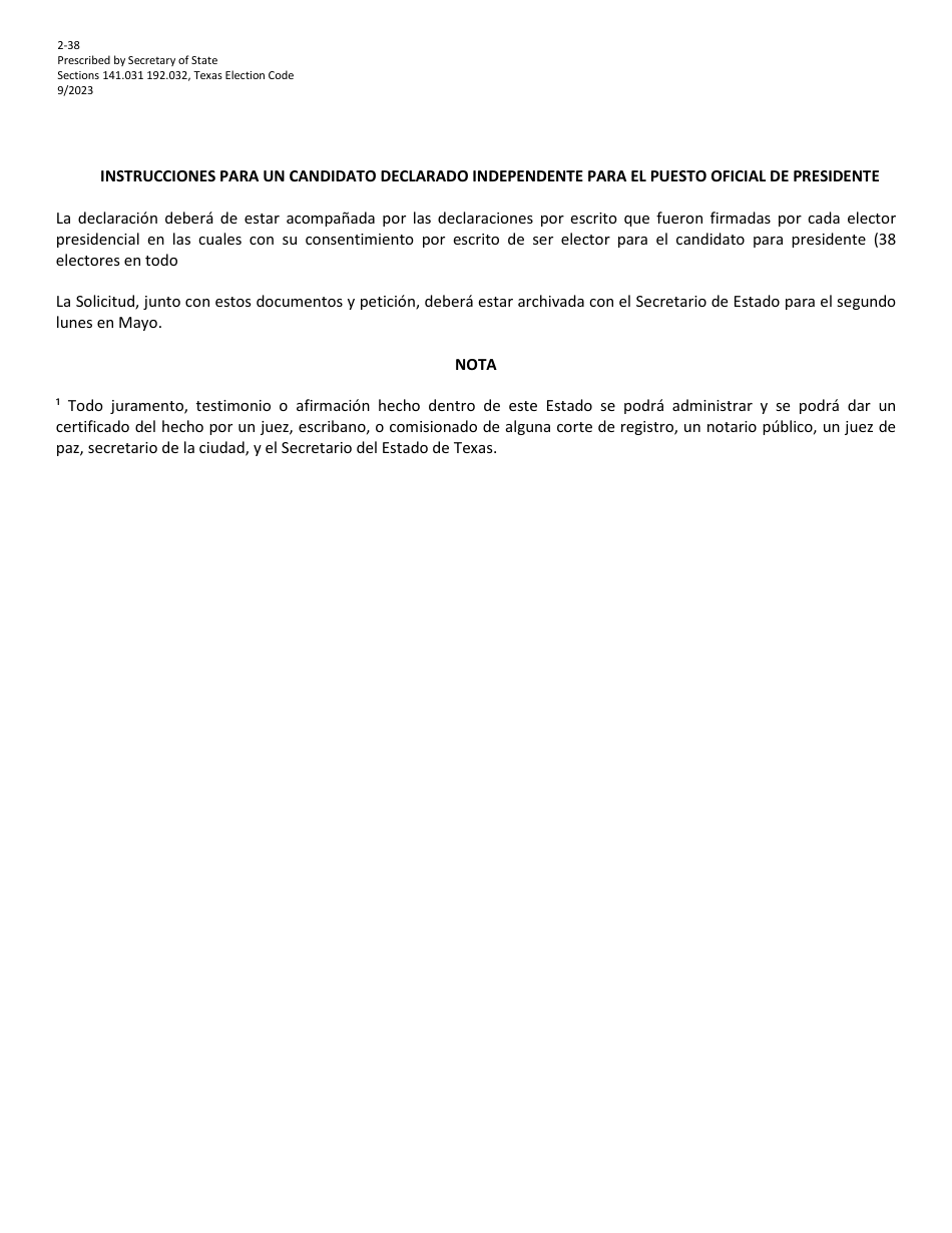 Formulario 2-38 Solicitud De Un Candidato Independiente Para El Puesto Oficial De Presidente - Texas (Spanish), Page 2