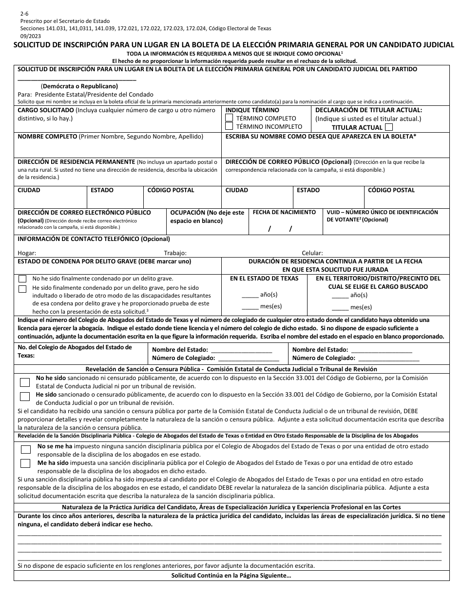Form 2-6 Judicial Candidate Application for a Place on Primary Ballots - Texas (English / Spanish), Page 5