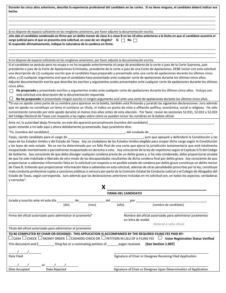 Form 2-6 Judicial Candidate Application for a Place on Primary Ballots - Texas (English / Spanish), Page 6