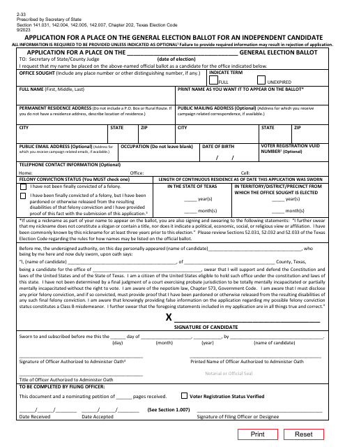 Form 2-33 Independent Candidate's Application for Place on General Election Ballot - Texas