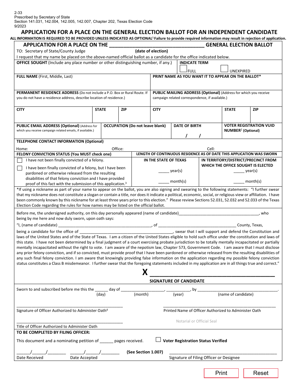 Form 2-33 Independent Candidates Application for Place on General Election Ballot - Texas, Page 1