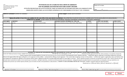 Document preview: Form 2-25 Petition in Lieu of Filing Fee for Write-In Candidates in a General Election for State and County Officers - Texas (English/Spanish)
