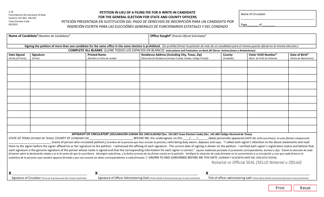 Form 2-25 Petition in Lieu of Filing Fee for Write-In Candidates in a General Election for State and County Officers - Texas (English/Spanish)