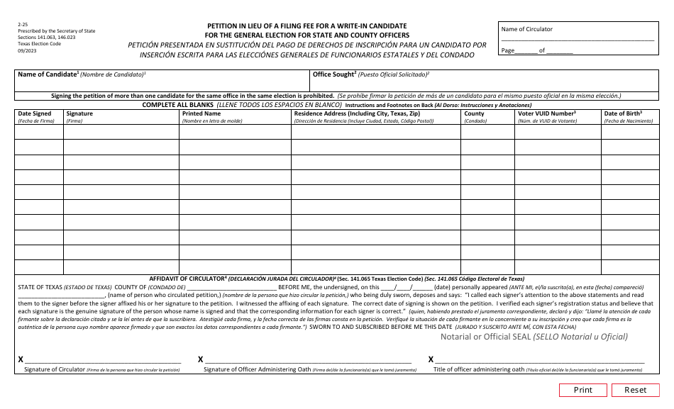 Form 2-25 Petition in Lieu of Filing Fee for Write-In Candidates in a General Election for State and County Officers - Texas (English / Spanish), Page 1