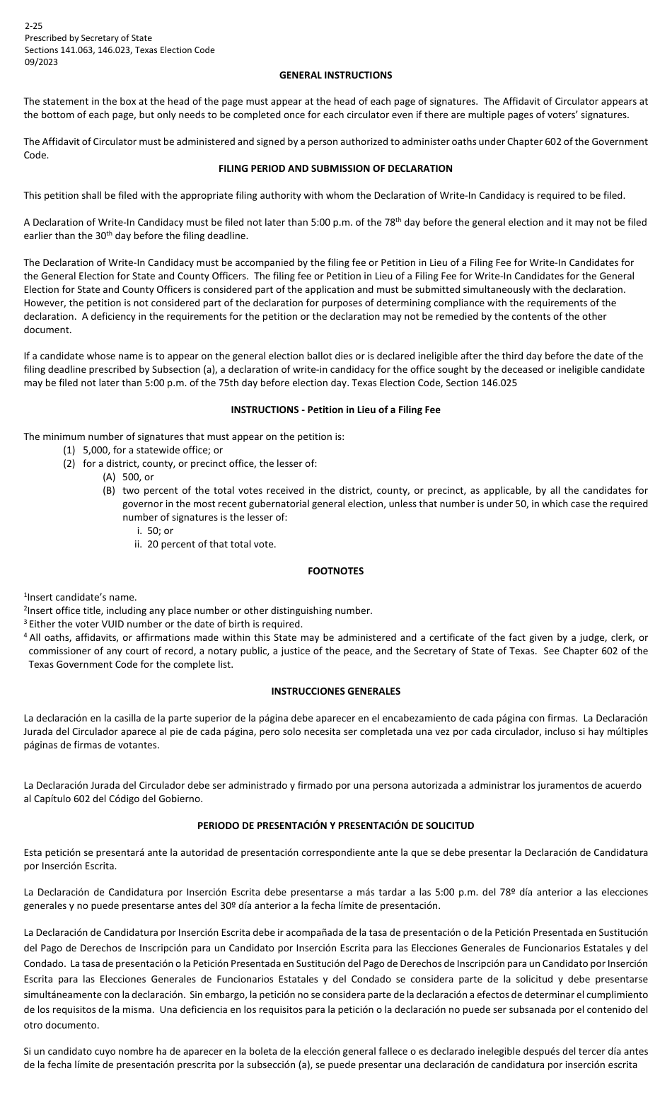 Form 2-25 Petition in Lieu of Filing Fee for Write-In Candidates in a General Election for State and County Officers - Texas (English / Spanish), Page 2
