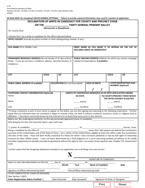 Form 2-19 Declaration of Write-In Candidacy for the Office of County and/or Precinct Chair - Texas