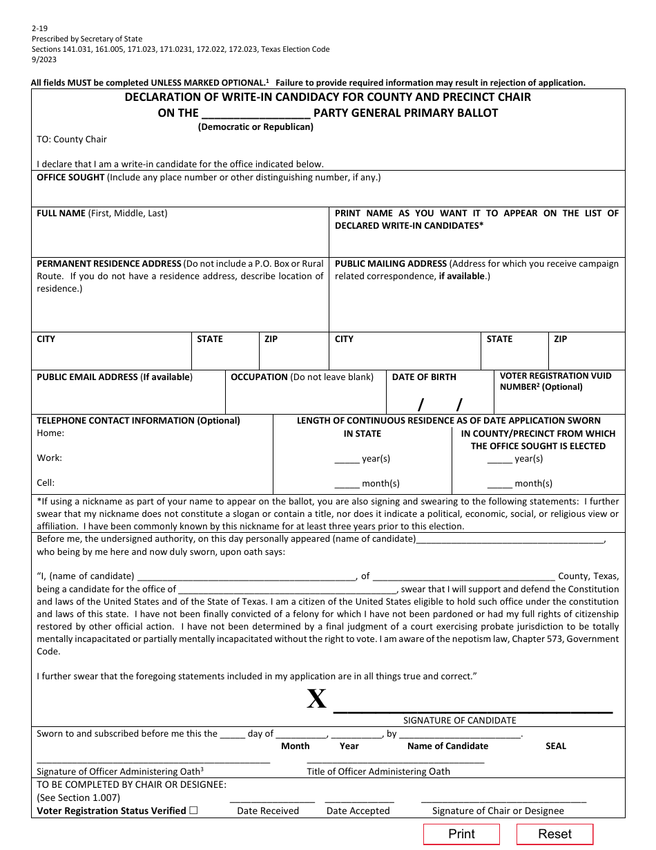 Form 2-19 Declaration of Write-In Candidacy for the Office of County and / or Precinct Chair - Texas, Page 1