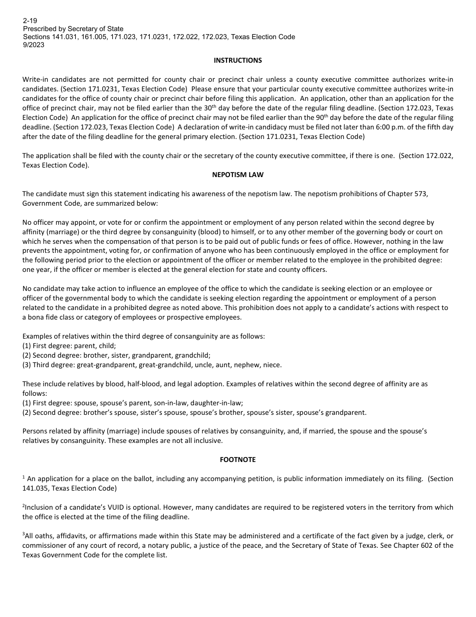 Form 2-19 Declaration of Write-In Candidacy for the Office of County and / or Precinct Chair - Texas, Page 2