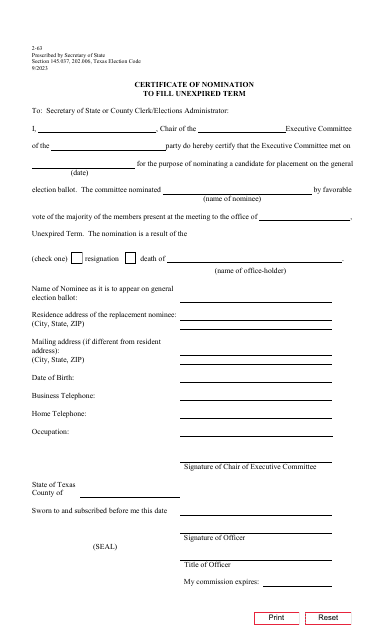 Form 2-63 Certificate of Nomination to Fill Unexpired Term - Texas