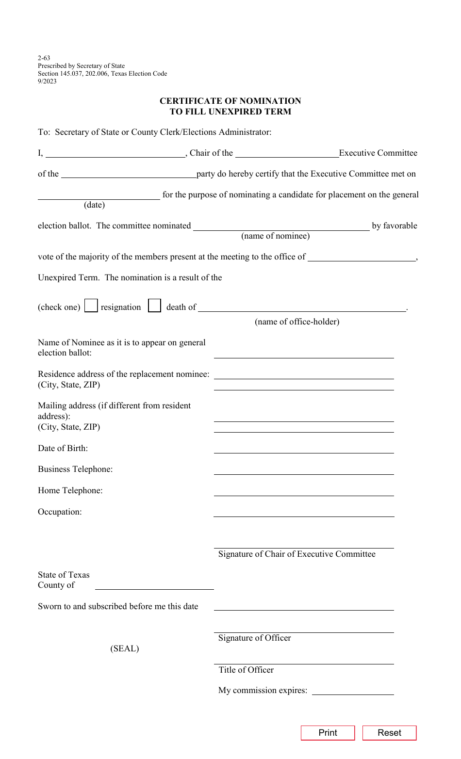 Form 2-63 Certificate of Nomination to Fill Unexpired Term - Texas, Page 1