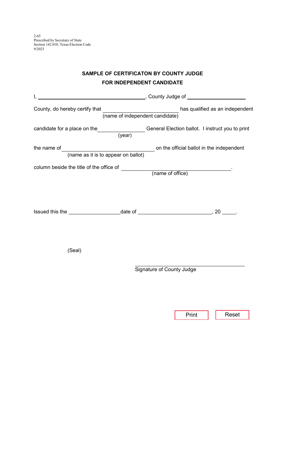 Form 2-65 Certification of Independent Candidates by County Judge - Texas, Page 1