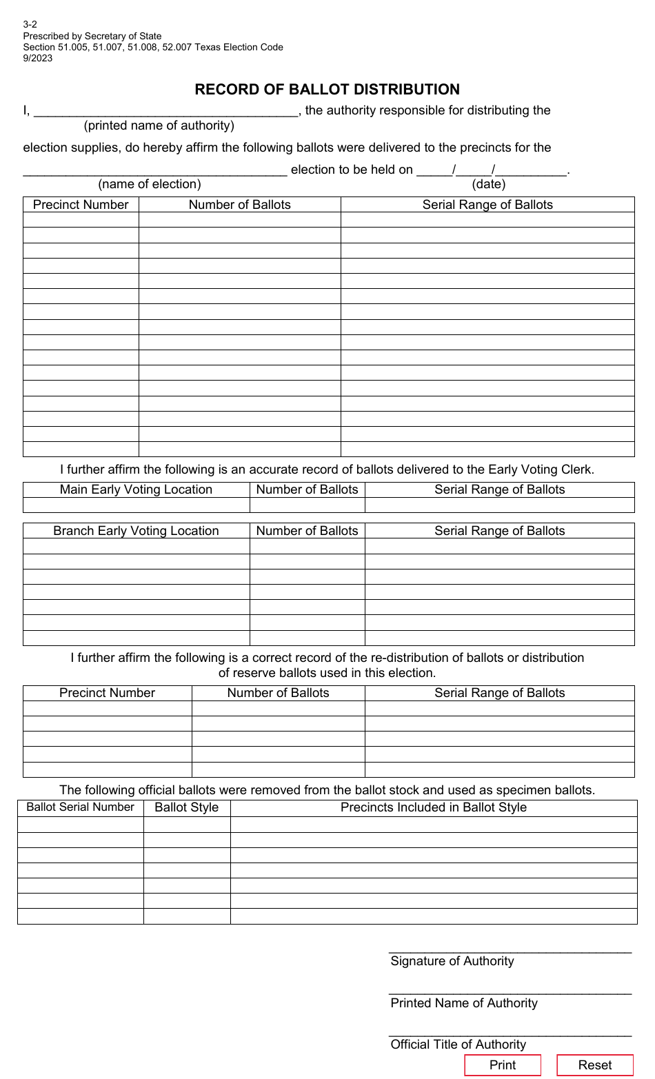 Form 3-2 Record of Ballot Distribution - Texas, Page 1