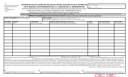 Document preview: Form 2-45 Petition in Lieu of Filing Fee (Special Election to Fill a Vacancy in the Office of State Representative, State Senator, U.S. Representative and U.S. Senator) - Texas (English/Spanish)