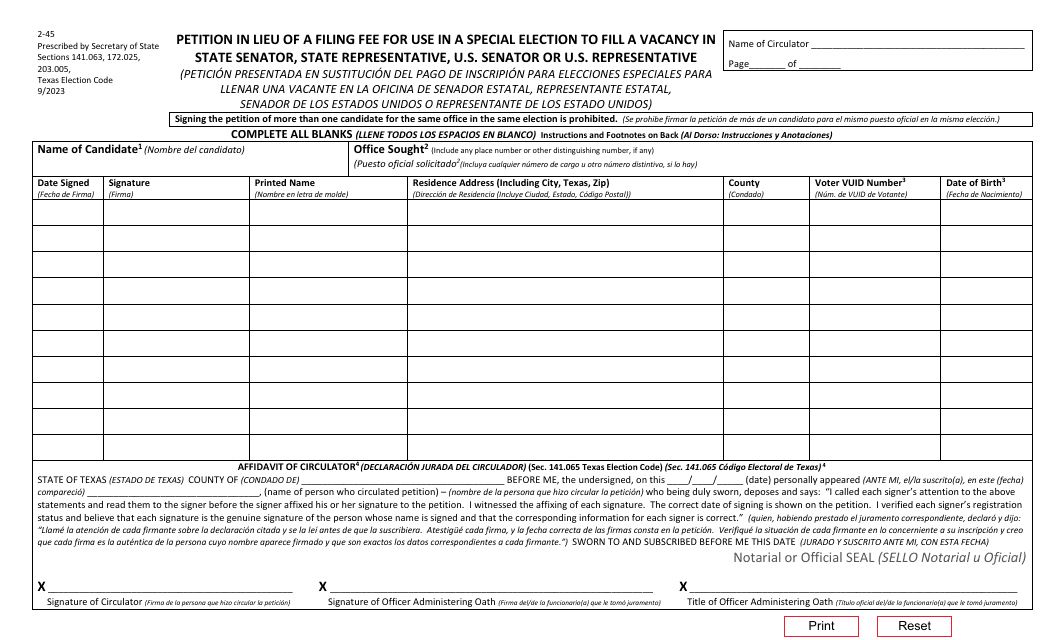 Form 2-45 Petition in Lieu of Filing Fee (Special Election to Fill a Vacancy in the Office of State Representative, State Senator, U.S. Representative and U.S. Senator) - Texas (English/Spanish)