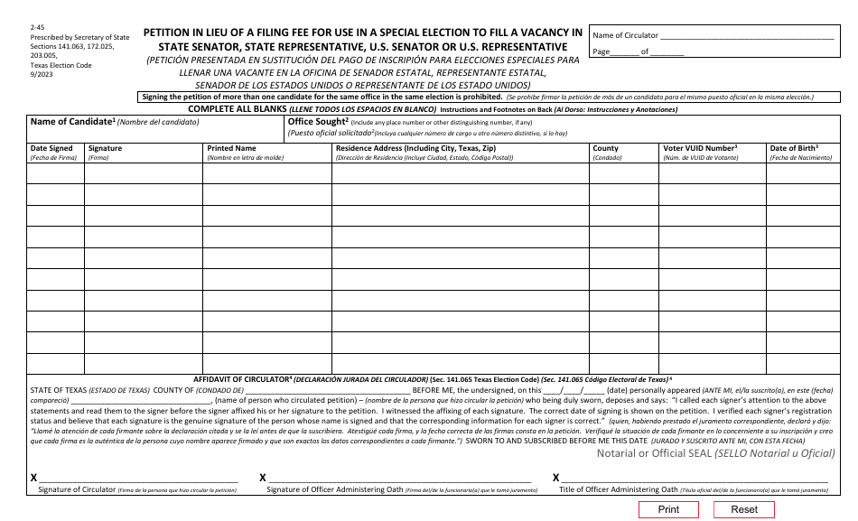 Form 2-45 Petition in Lieu of Filing Fee (Special Election to Fill a Vacancy in the Office of State Representative, State Senator, U.S. Representative and U.S. Senator) - Texas (English / Spanish), Page 1
