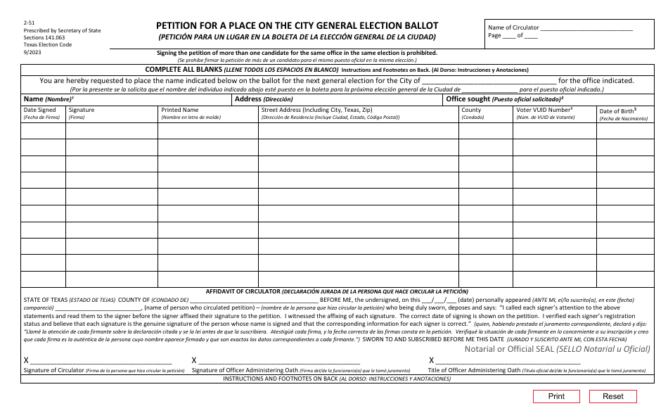 Form 2-51 Petition for Place on the City General Election Ballot - Texas (English / Spanish), Page 1